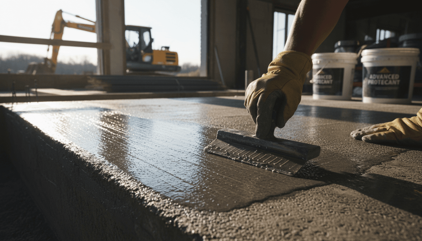 Construction worker applying protective coating to concrete foundation with precision technique