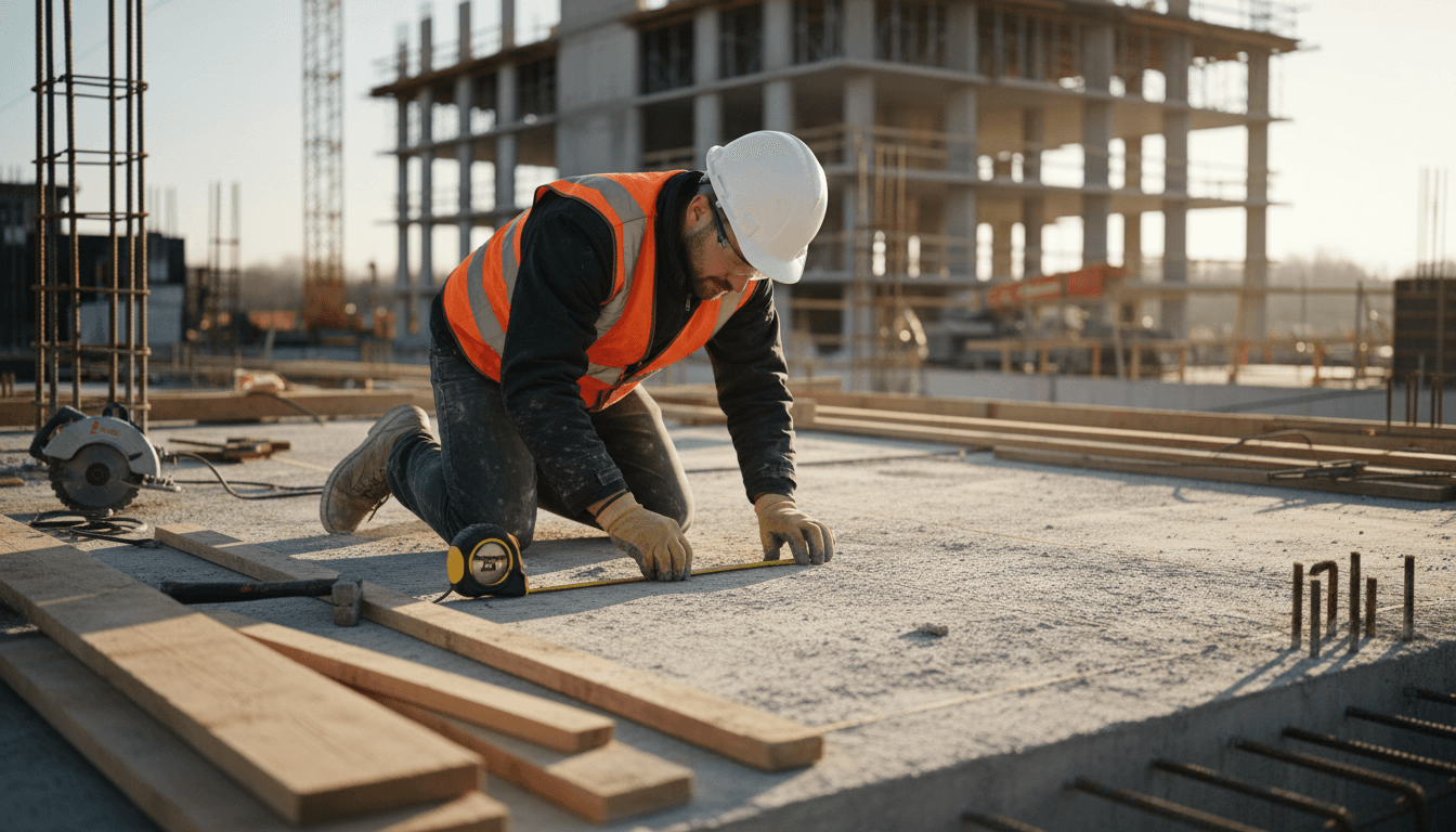 Construction worker measuring and marking concrete foundation with precision tools
